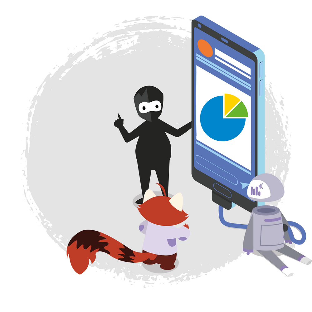 A robot, a ninja and a unicorn look at a graph measuring their application security roi