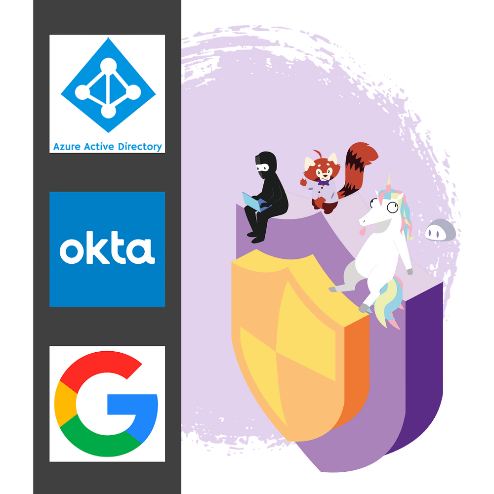 The SafeStack team are sitting on a giant shield representing the SafeStack appsec training platform next to the logos of major SSO providers such as Azure AD, Google Workspaces and Okta.