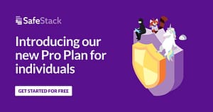 SafeStack mascots sitting on shield with dark purple background with title