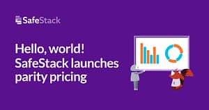 Feature image: "Hello, world! SafeStack launches parity pricing" with SafeStack mascots
